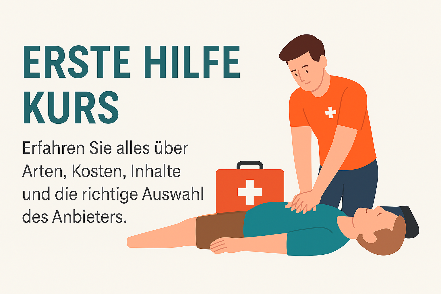 Illustration eines Ersthelfers, der an einer bewusstlosen Person eine Herz-Druck-Massage durchführt. Daneben steht in großer Schrift: 'Erste Hilfe Kurs'. Untertitel: 'Erfahren Sie alles über Arten, Kosten, Inhalte und die richtige Auswahl des Anbieters.' Im Hintergrund ein Erste-Hilfe-Koffer mit weißem Kreuz auf rotem Grund