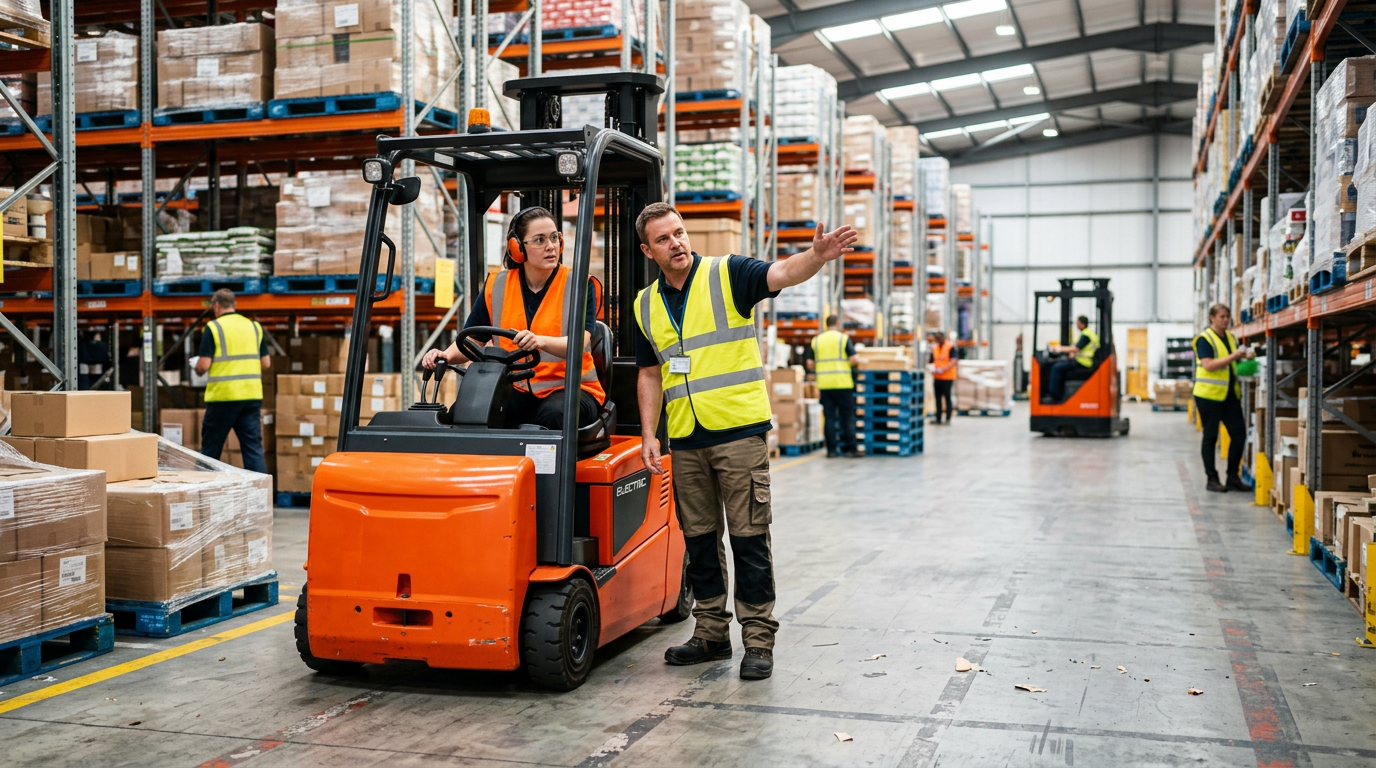 Inhouse-Staplerschulung im Lager – Trainer schult Mitarbeiter direkt am Gabelstapler im Betrieb